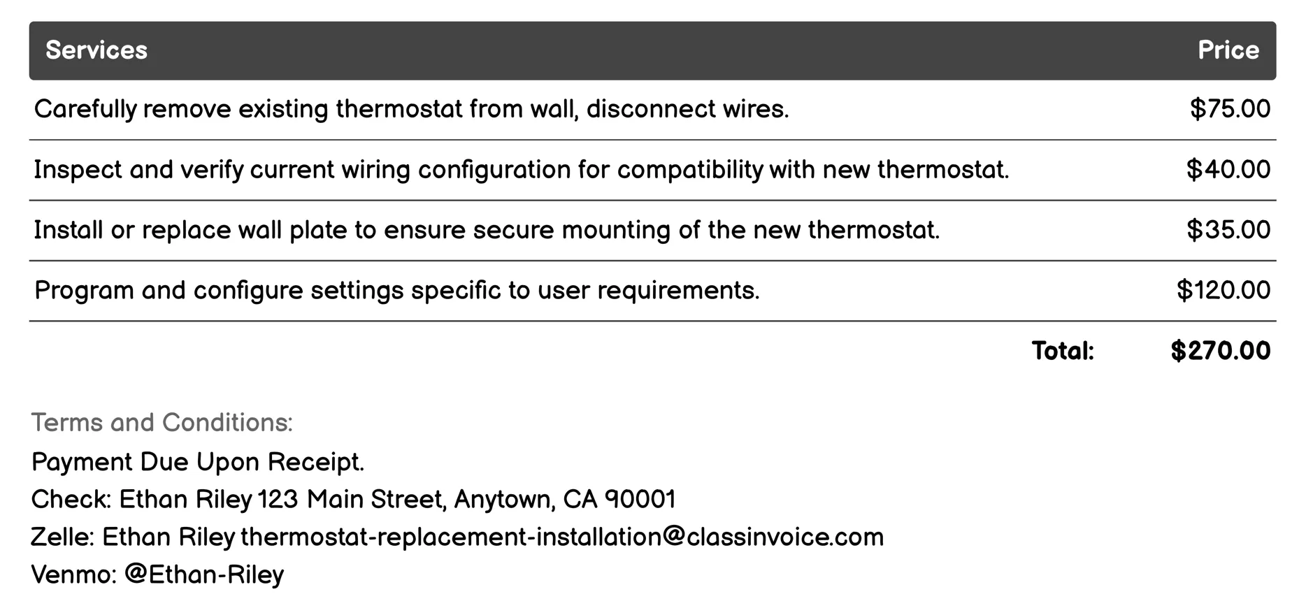 Custom Thermostat Configuration Invoice Example