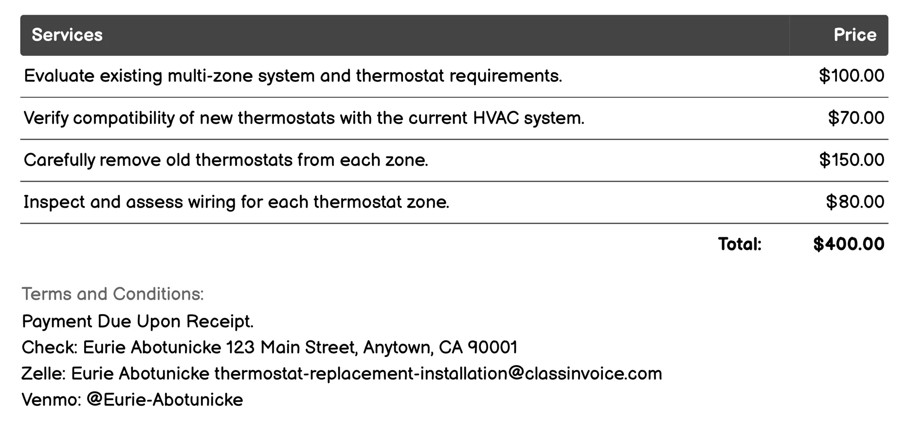 Multi-Zone System Installation Invoice Example