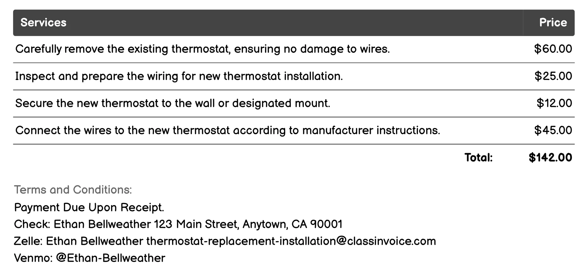 Standard Thermostat Installation Invoice Example