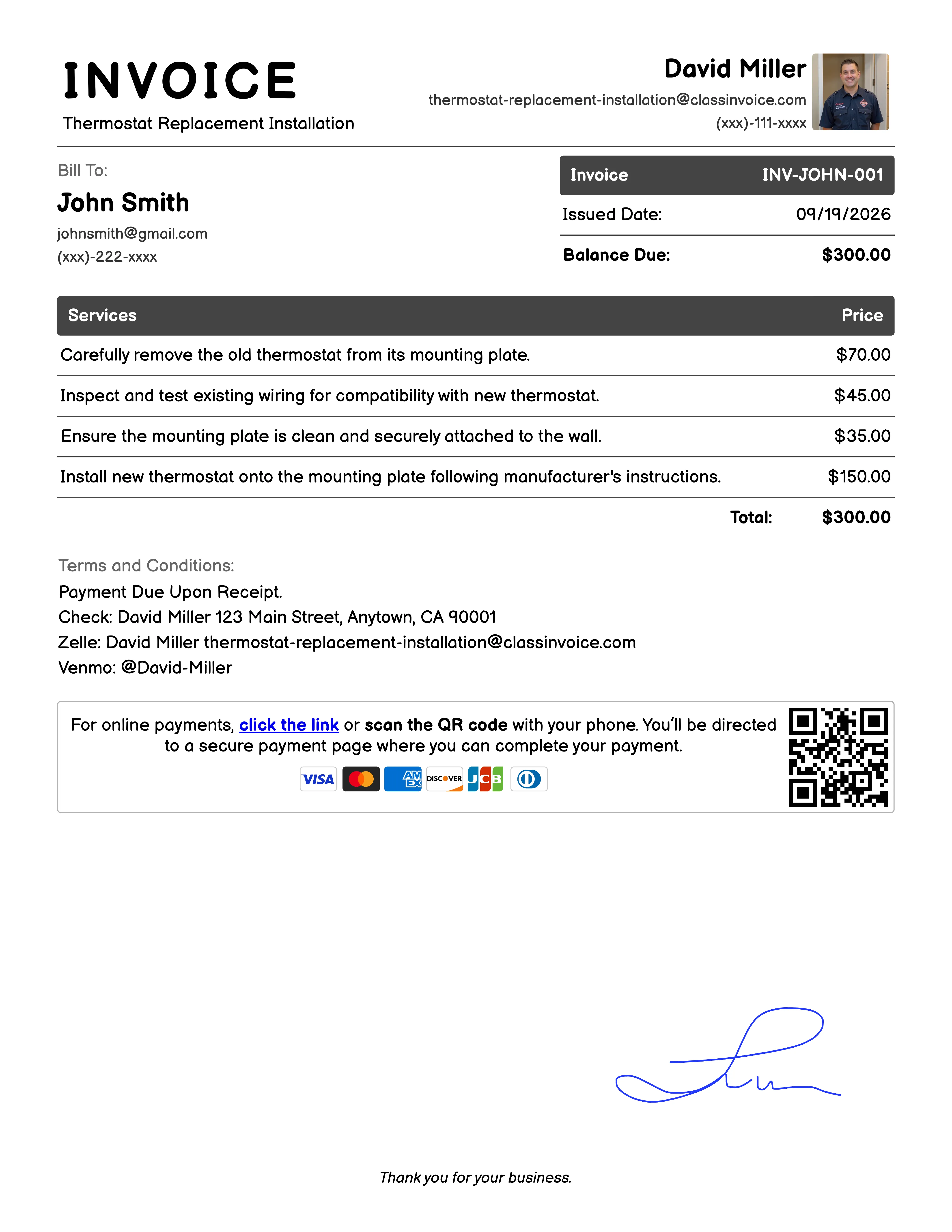 Thermostat Replacement Installation Invoice Example