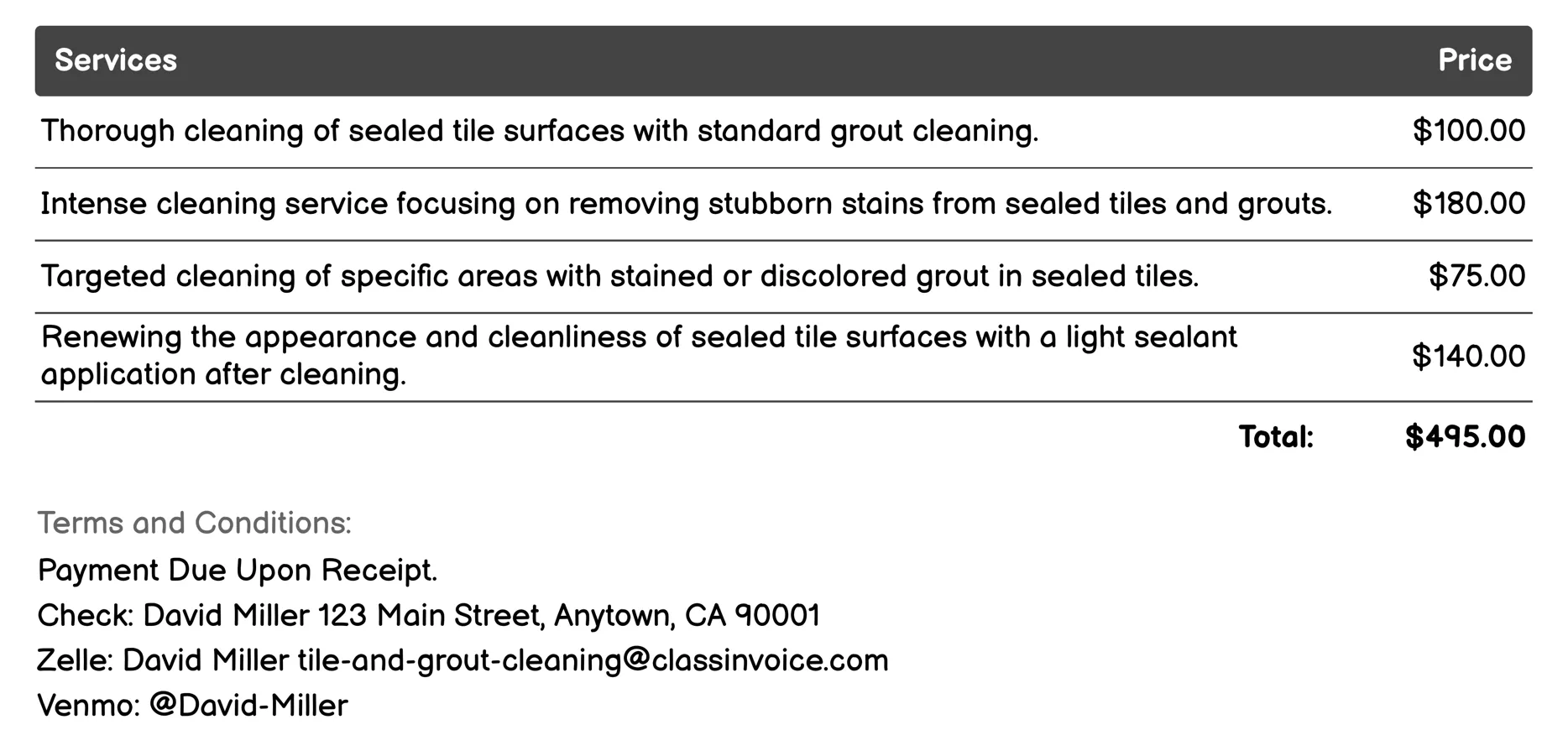Sealed Tile and Grout Cleaning Invoice Example