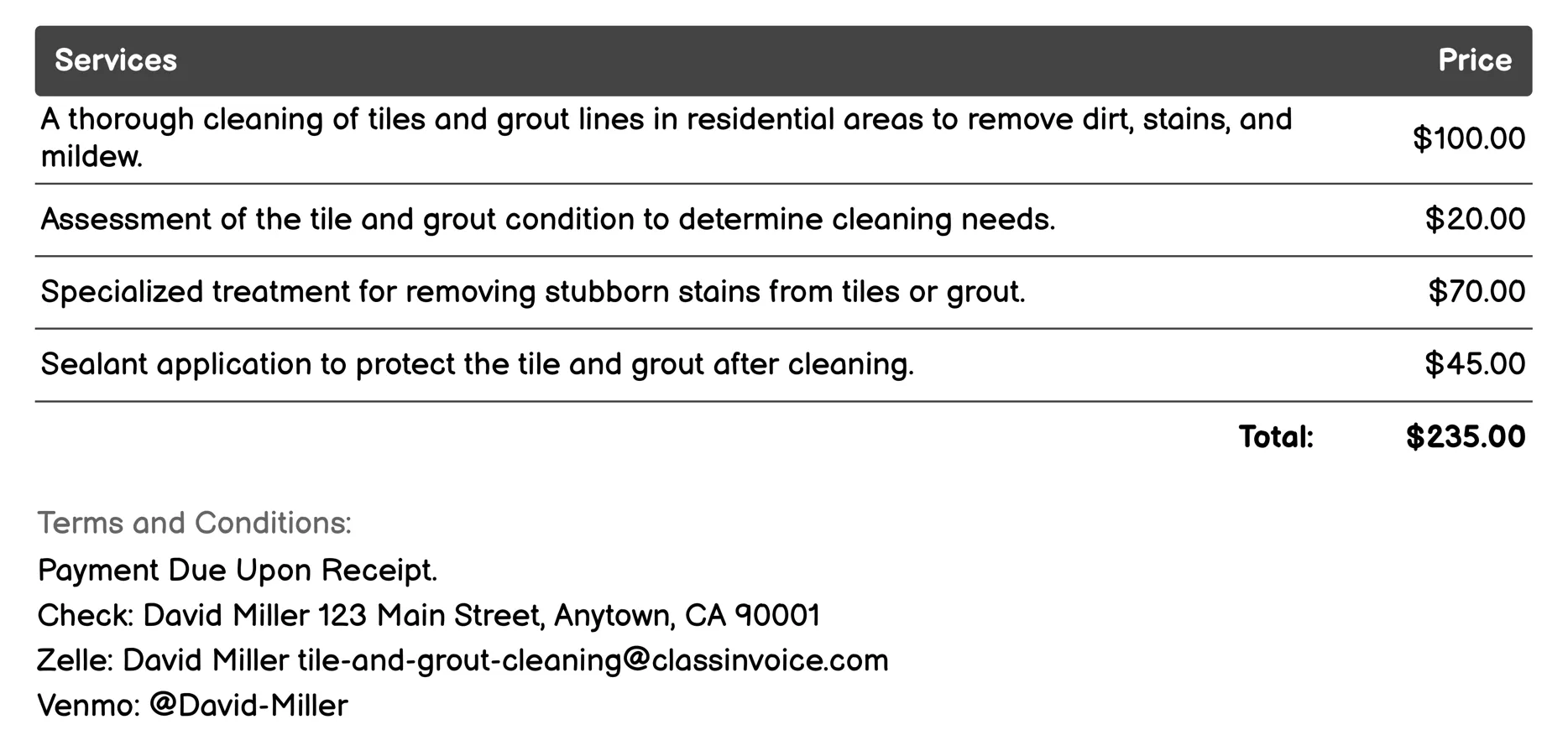 Standard Tile and Grout Cleaning Invoice Example
