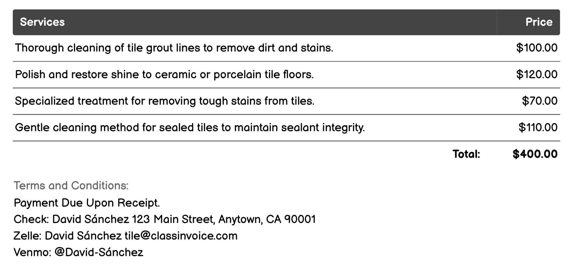 Cleaning Services Invoice Example