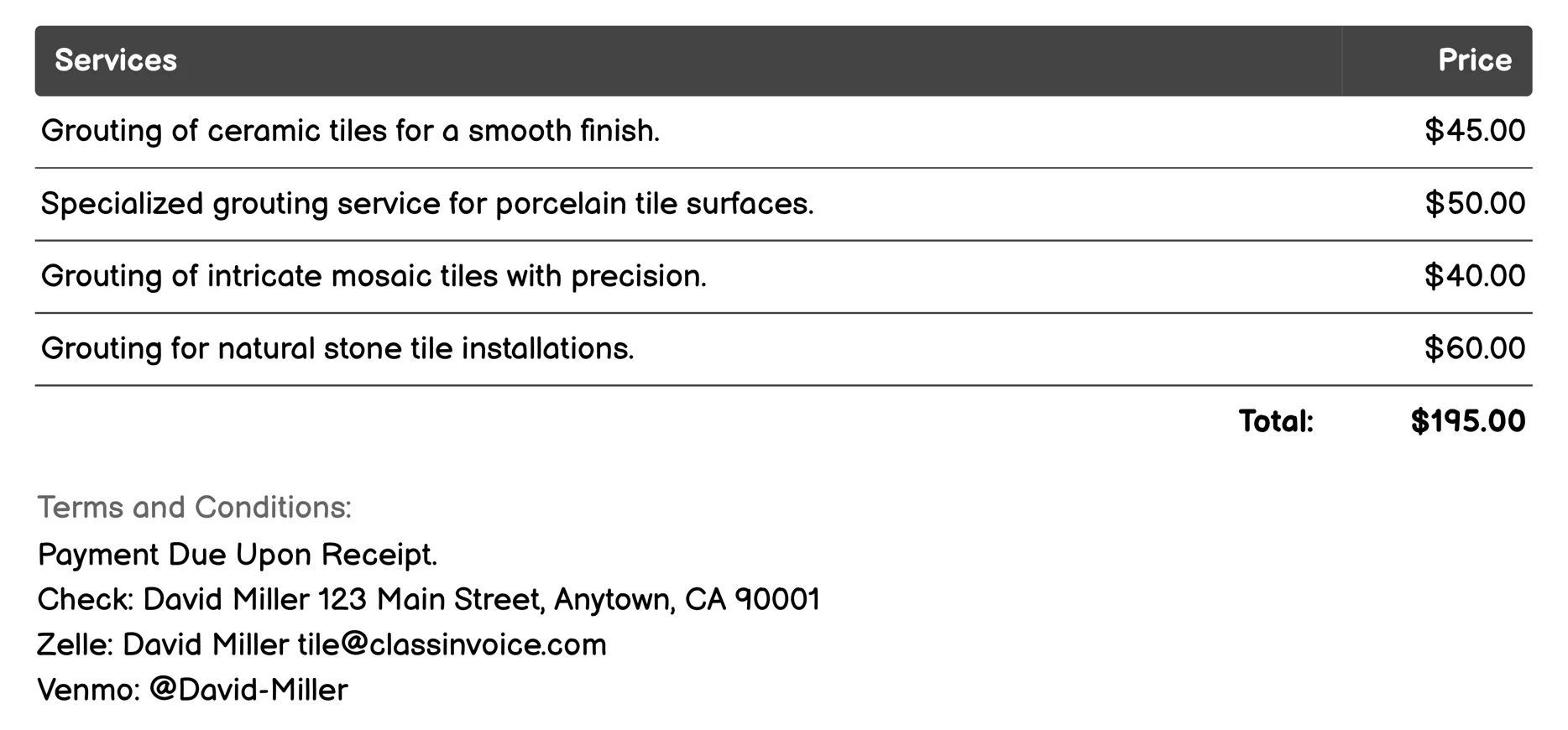 Grouting Invoice Example