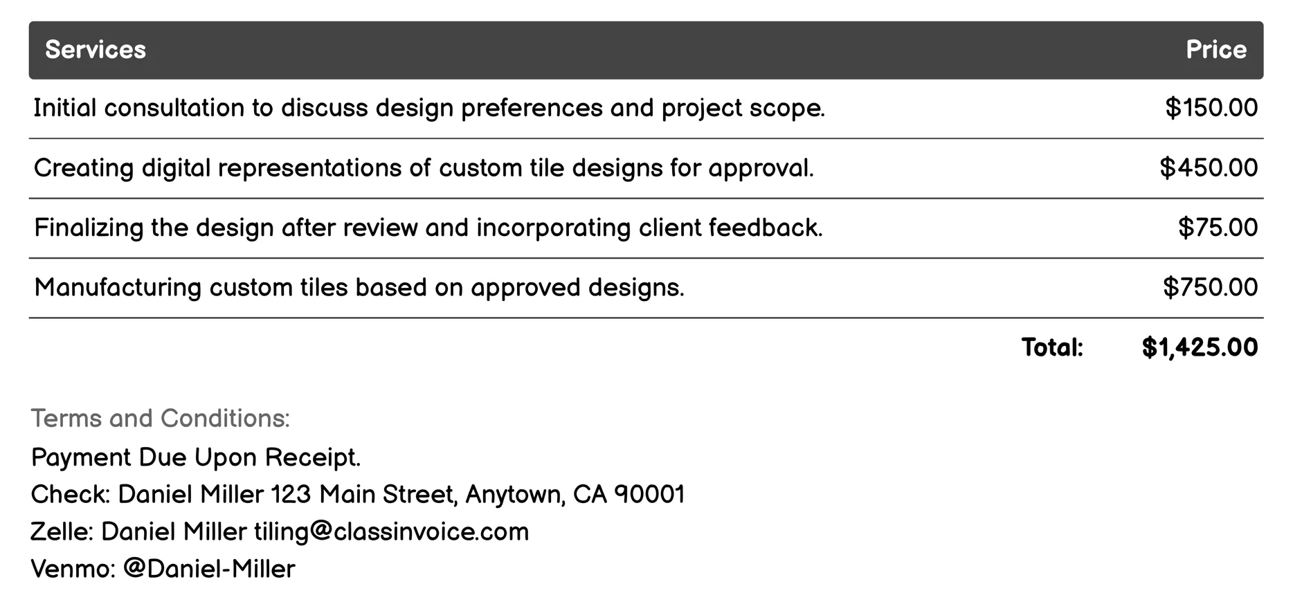 Custom Tile Design Invoice Example