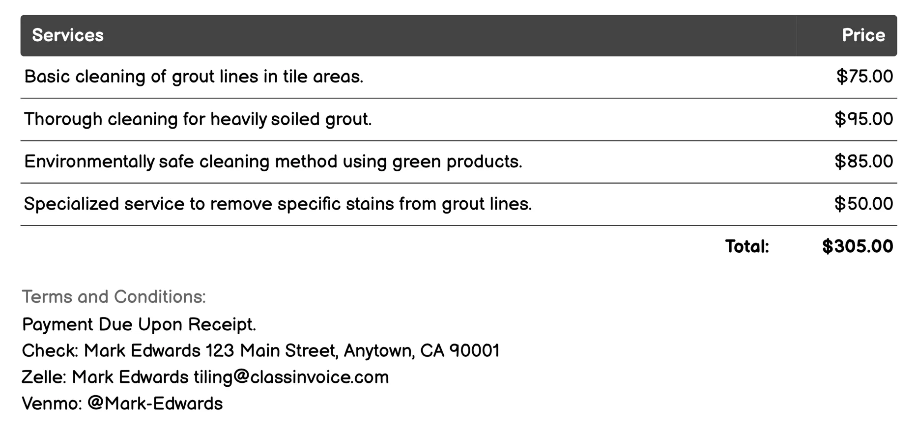 Grout Cleaning Invoice Example