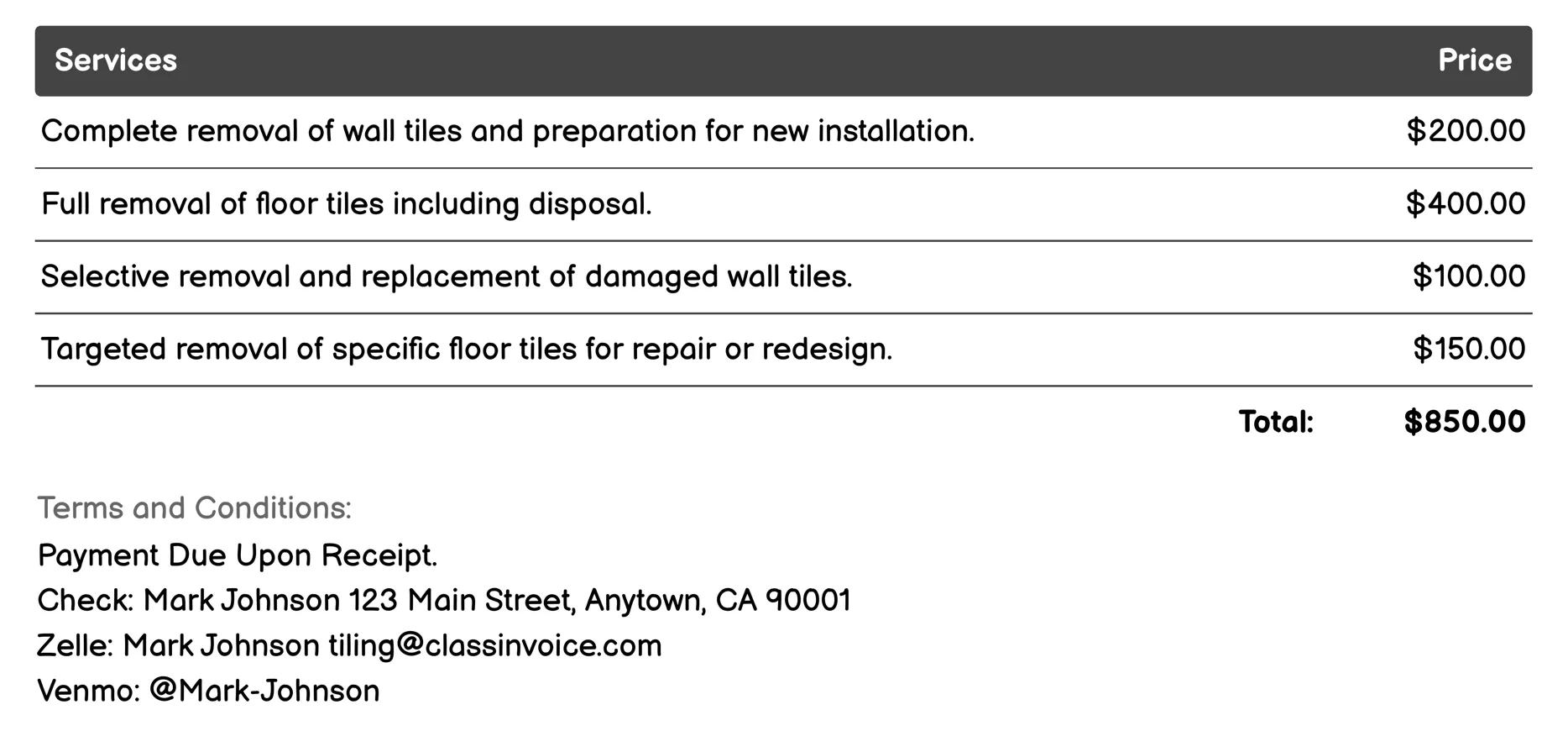 Tile Removal Invoice Example