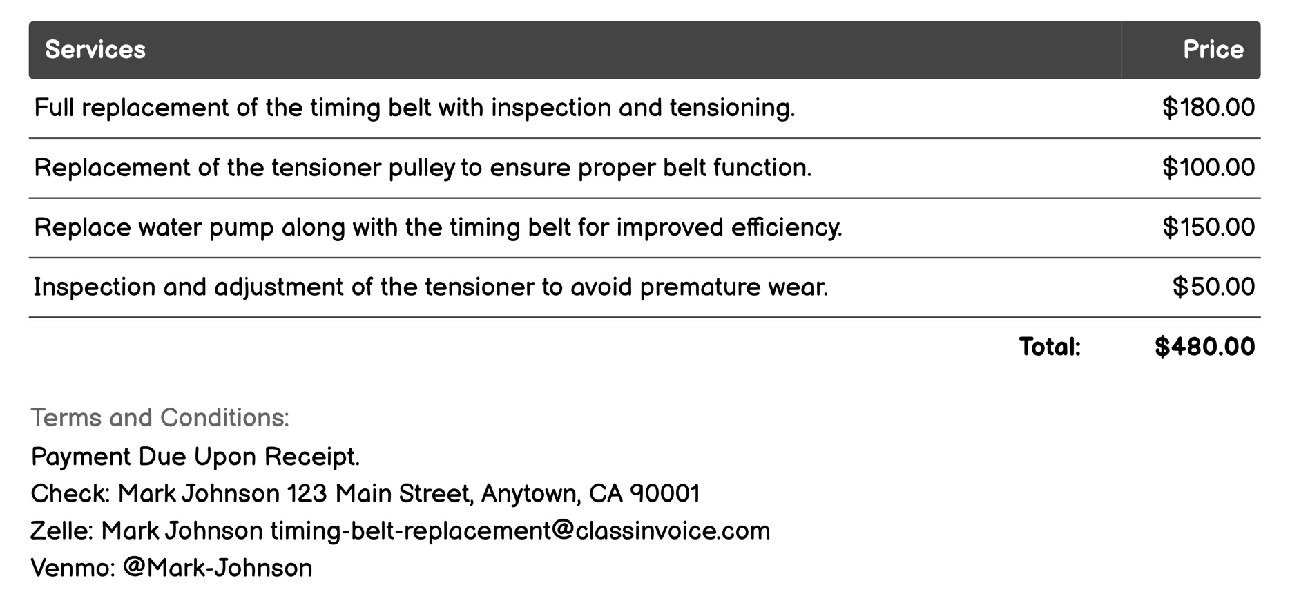 Mobile Timing Belt Replacement Service Invoice Example