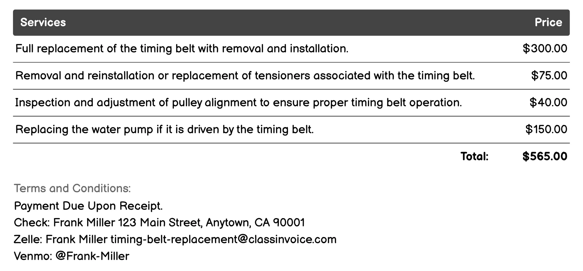 Standard Timing Belt Replacement Invoice Example