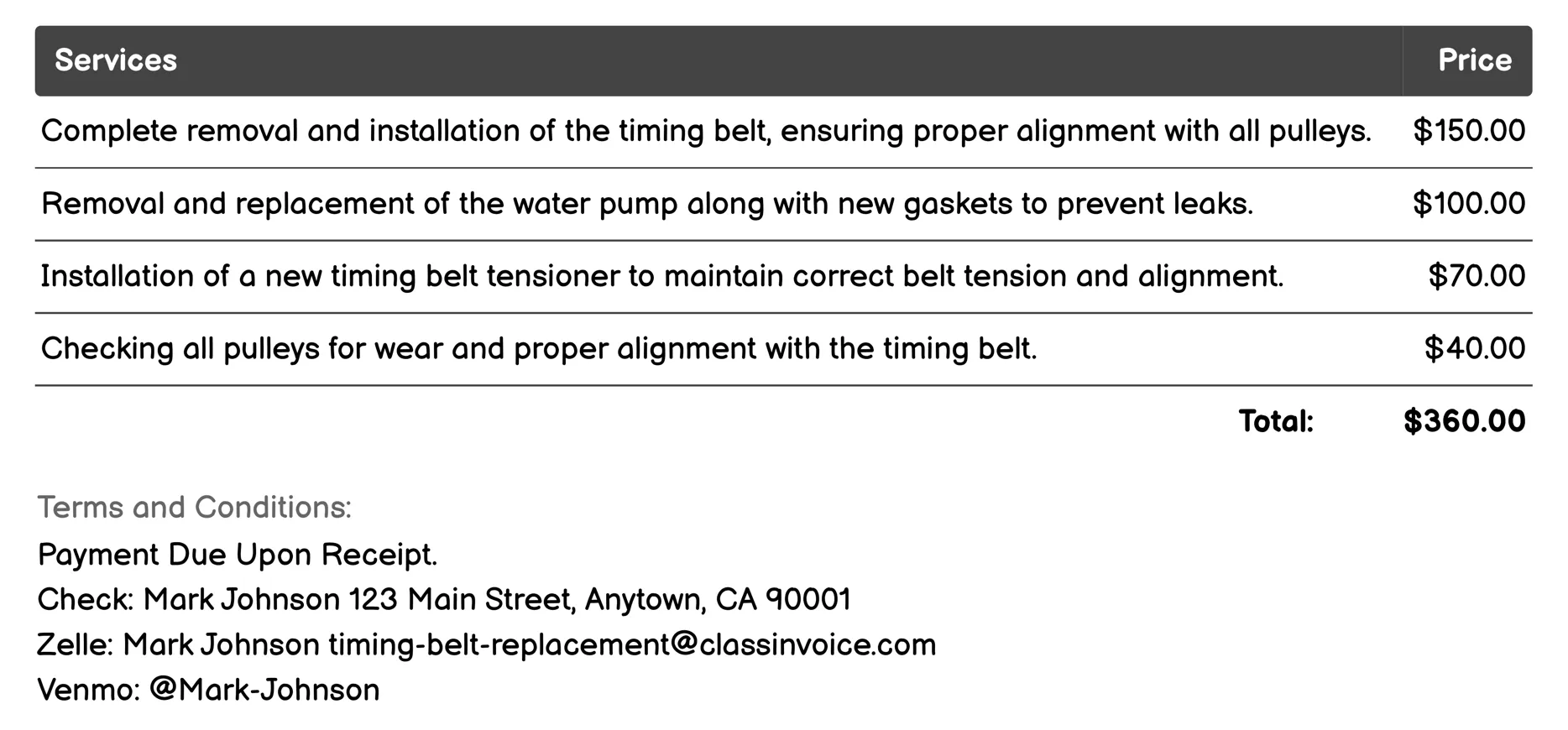 Timing Belt and Water Pump Replacement Invoice Example