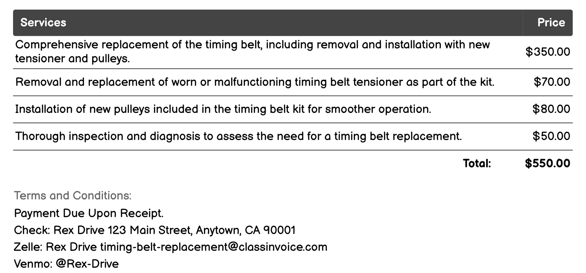 Timing Belt Kit with Tensioner and Pulleys Invoice Example