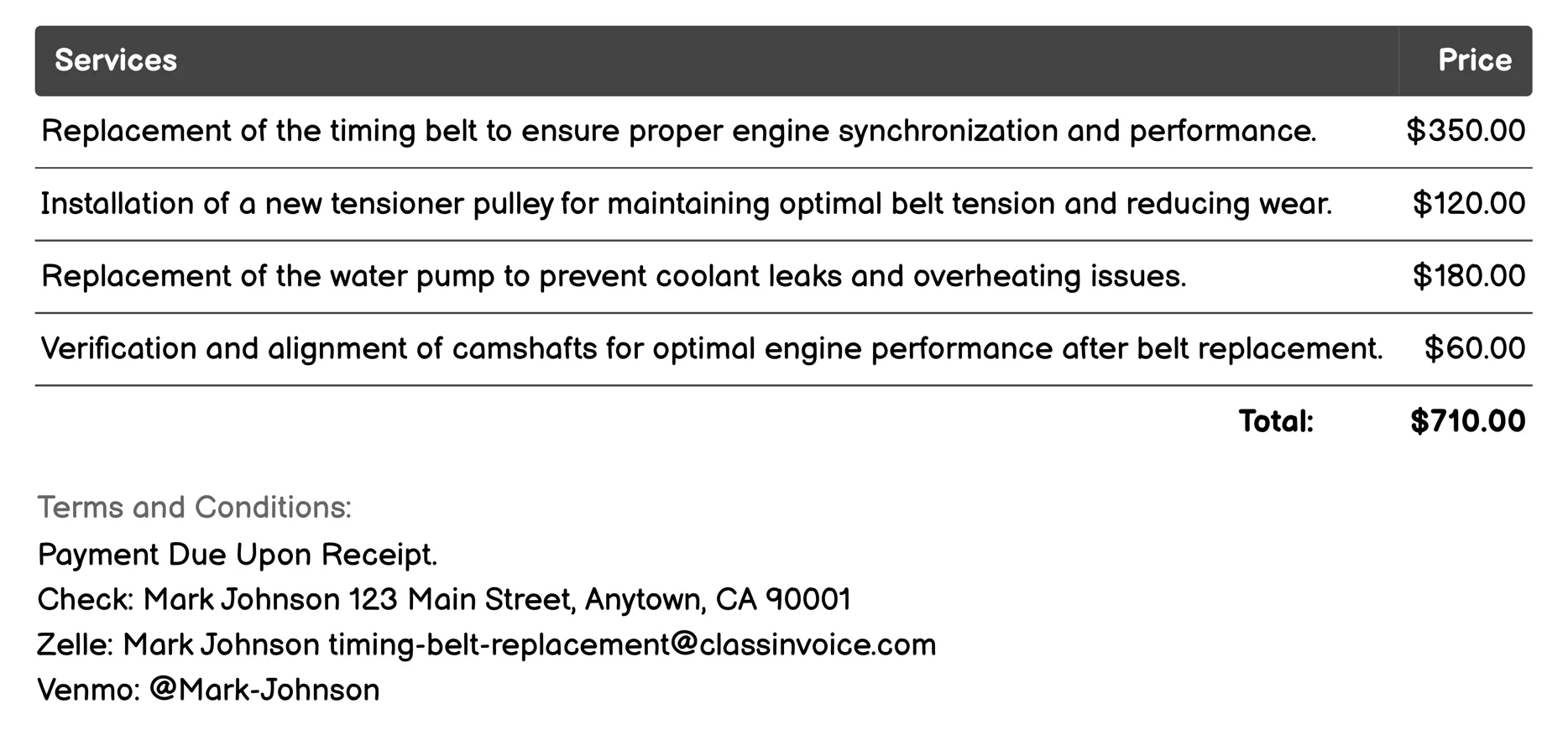 Timing Belt Replacement with Performance Upgrades Invoice Example