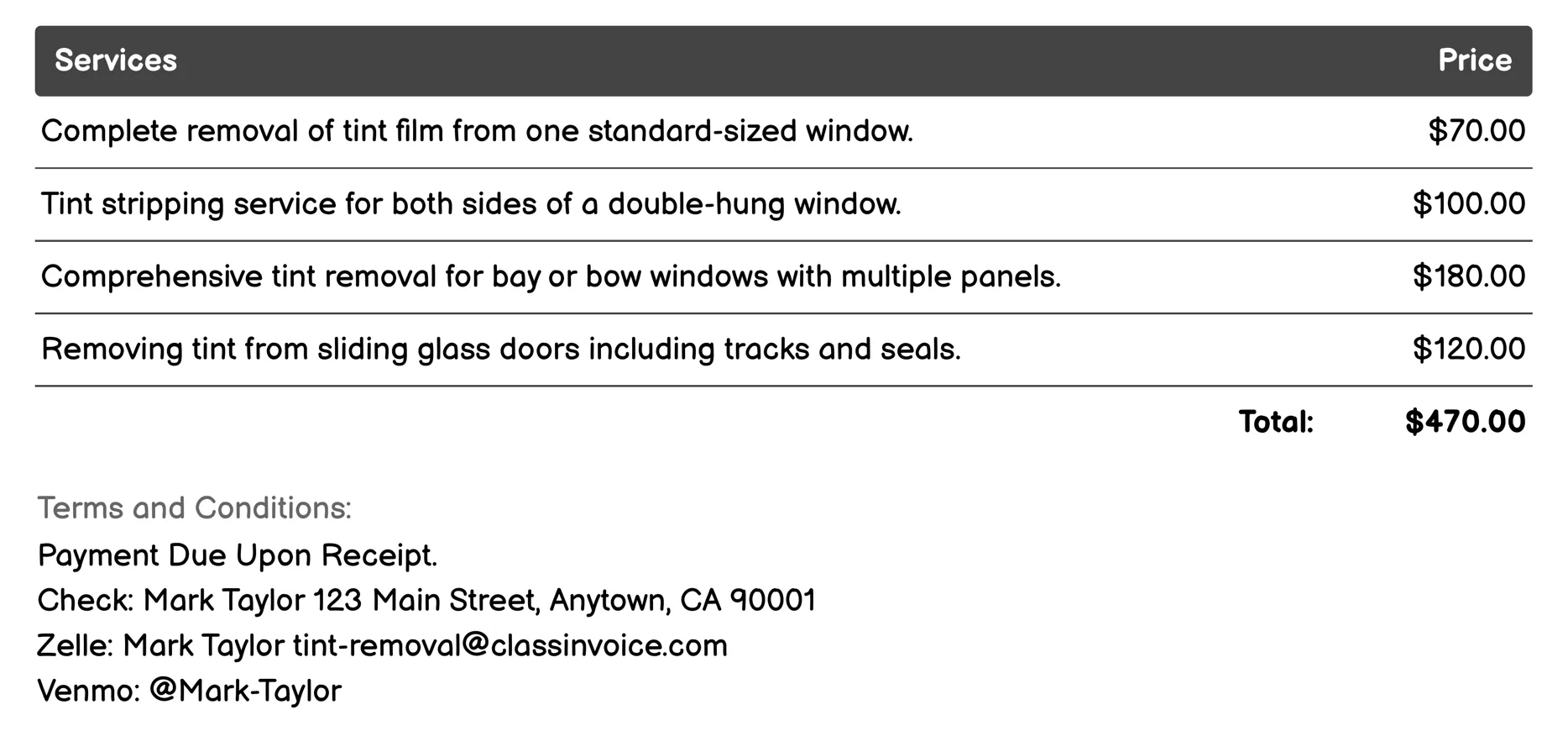 Home Window Tint Stripping Invoice Example