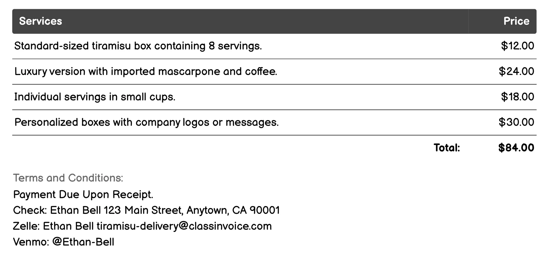Corporate Catering Order Delivery Invoice Example