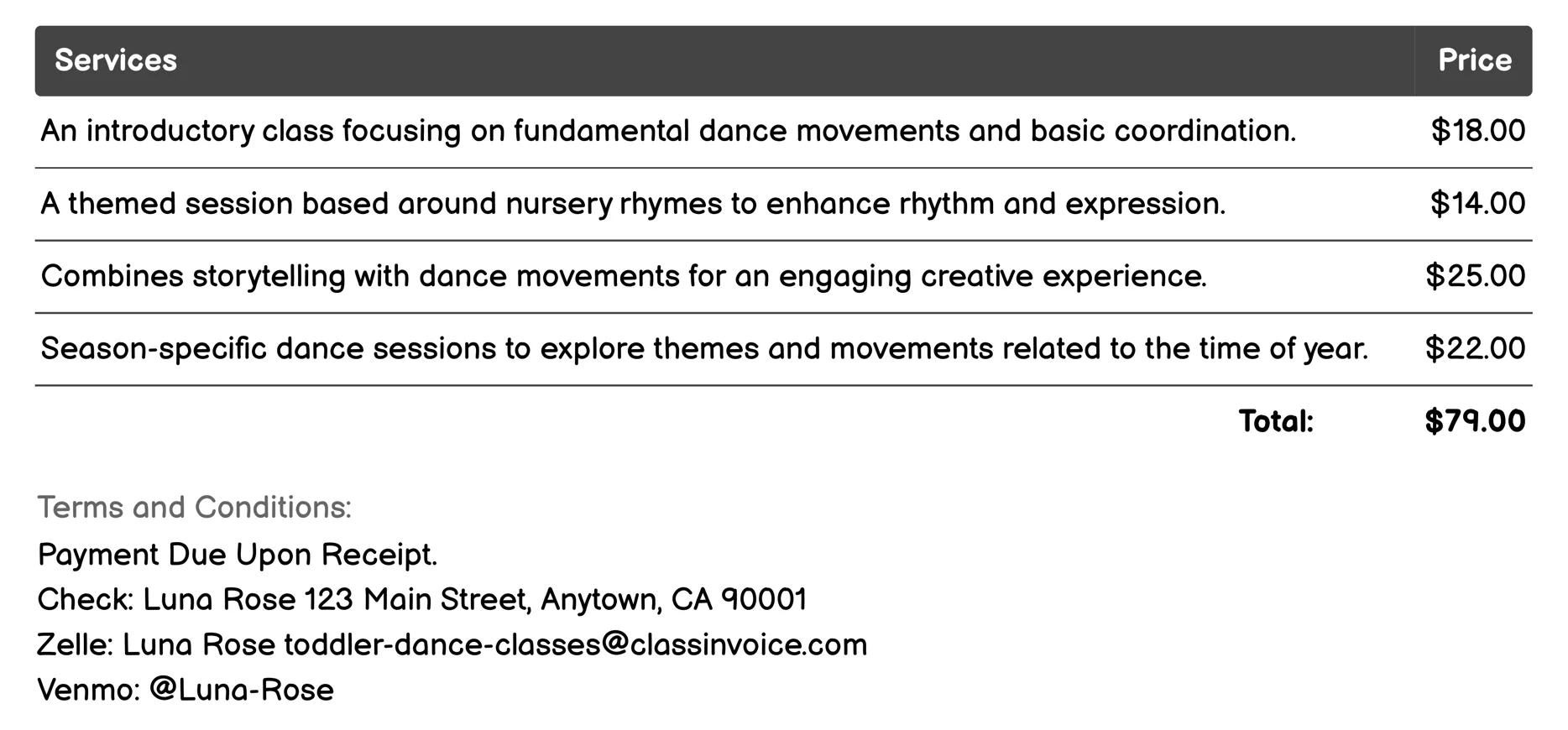 Creative Movement Invoice Example