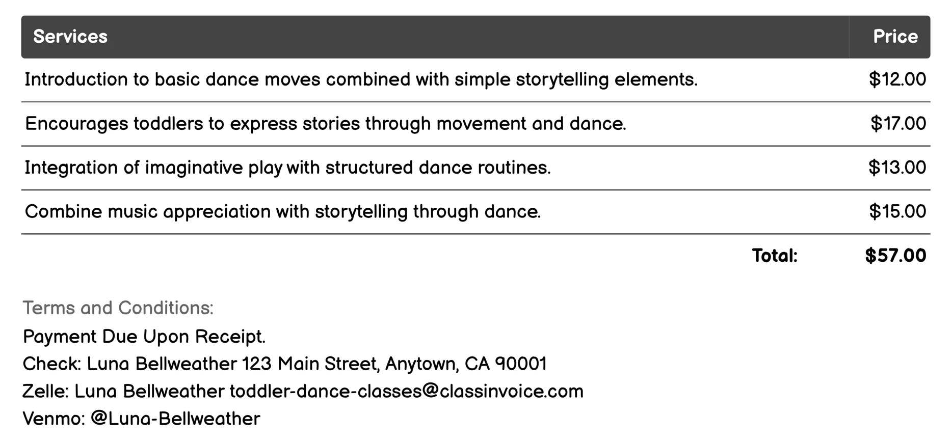 Storytelling Dance Invoice Example