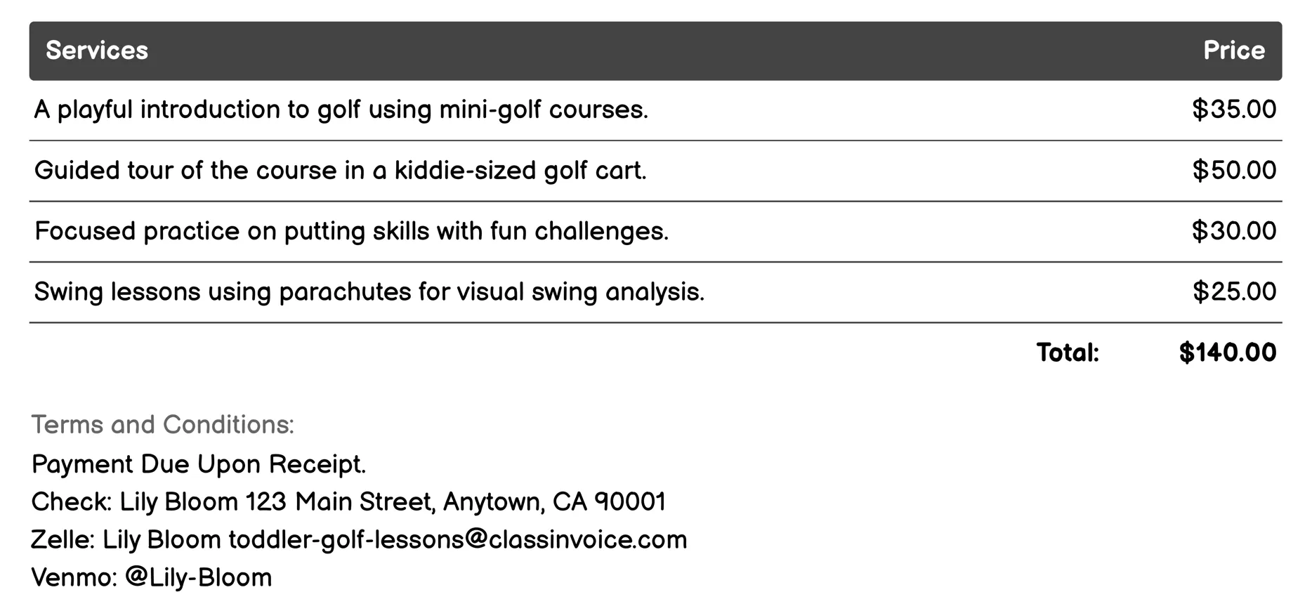 Creative Golf Activities Invoice Example