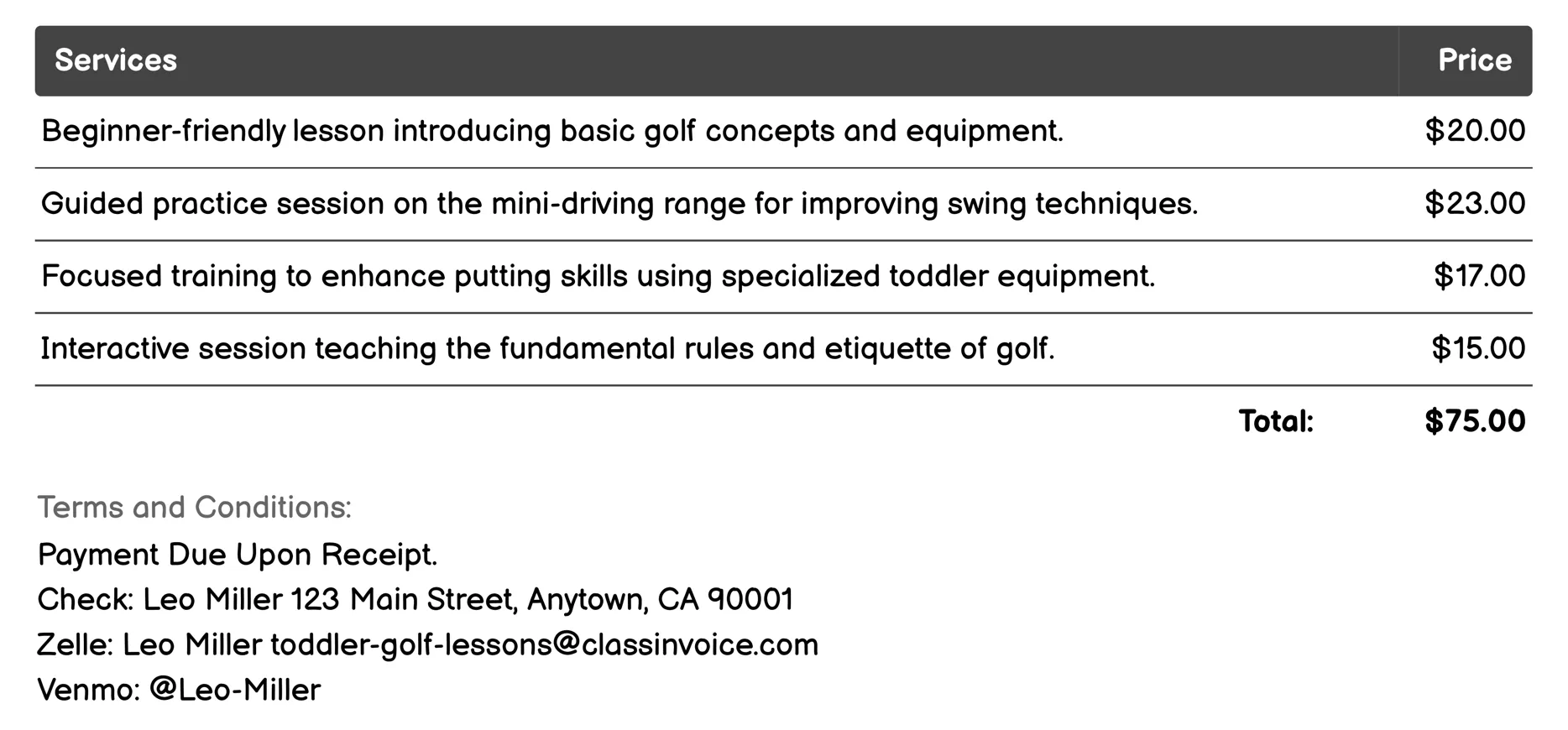 Group Classes Invoice Example