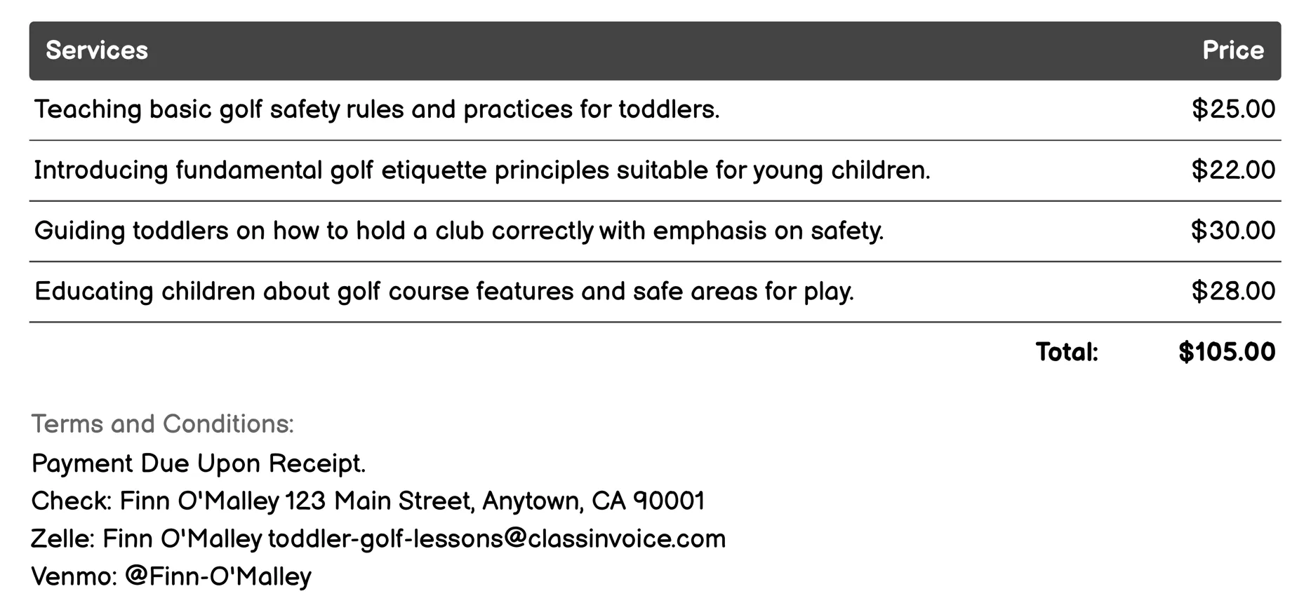 Safety and Etiquette Training Invoice Example