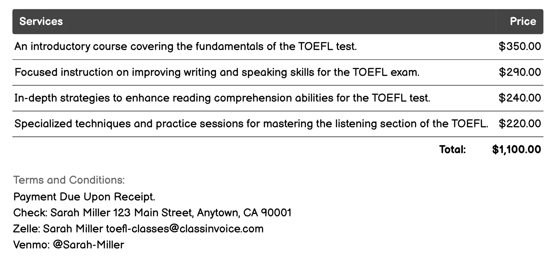 In-Person Classes Invoice Example