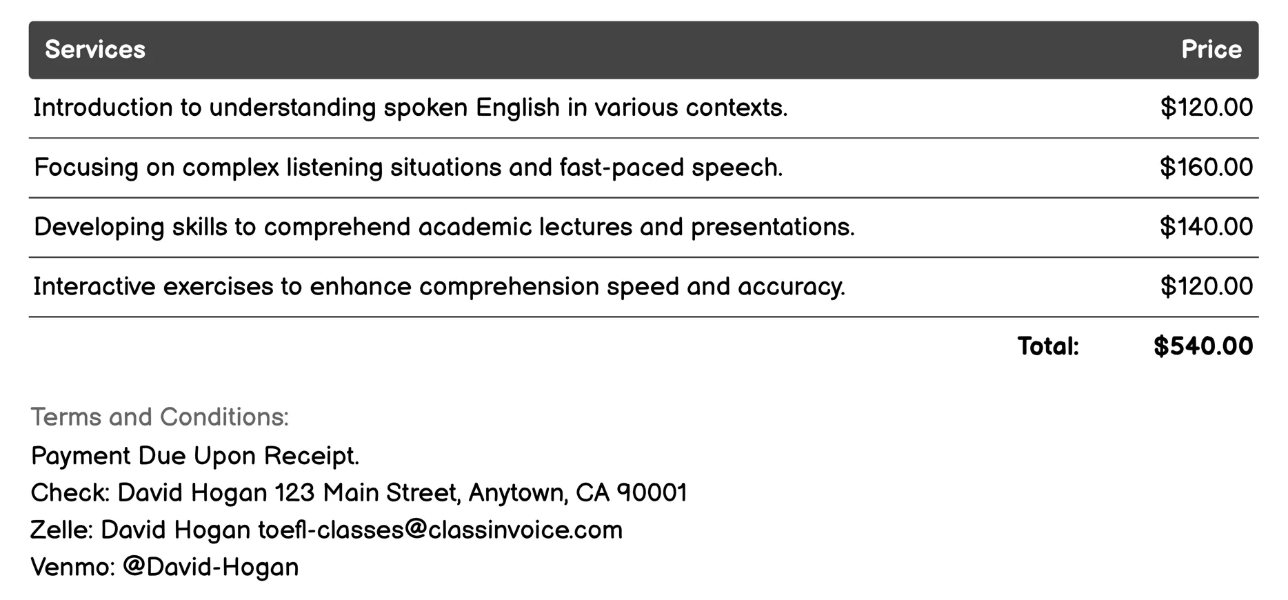 Listening Comprehension Classes Invoice Example