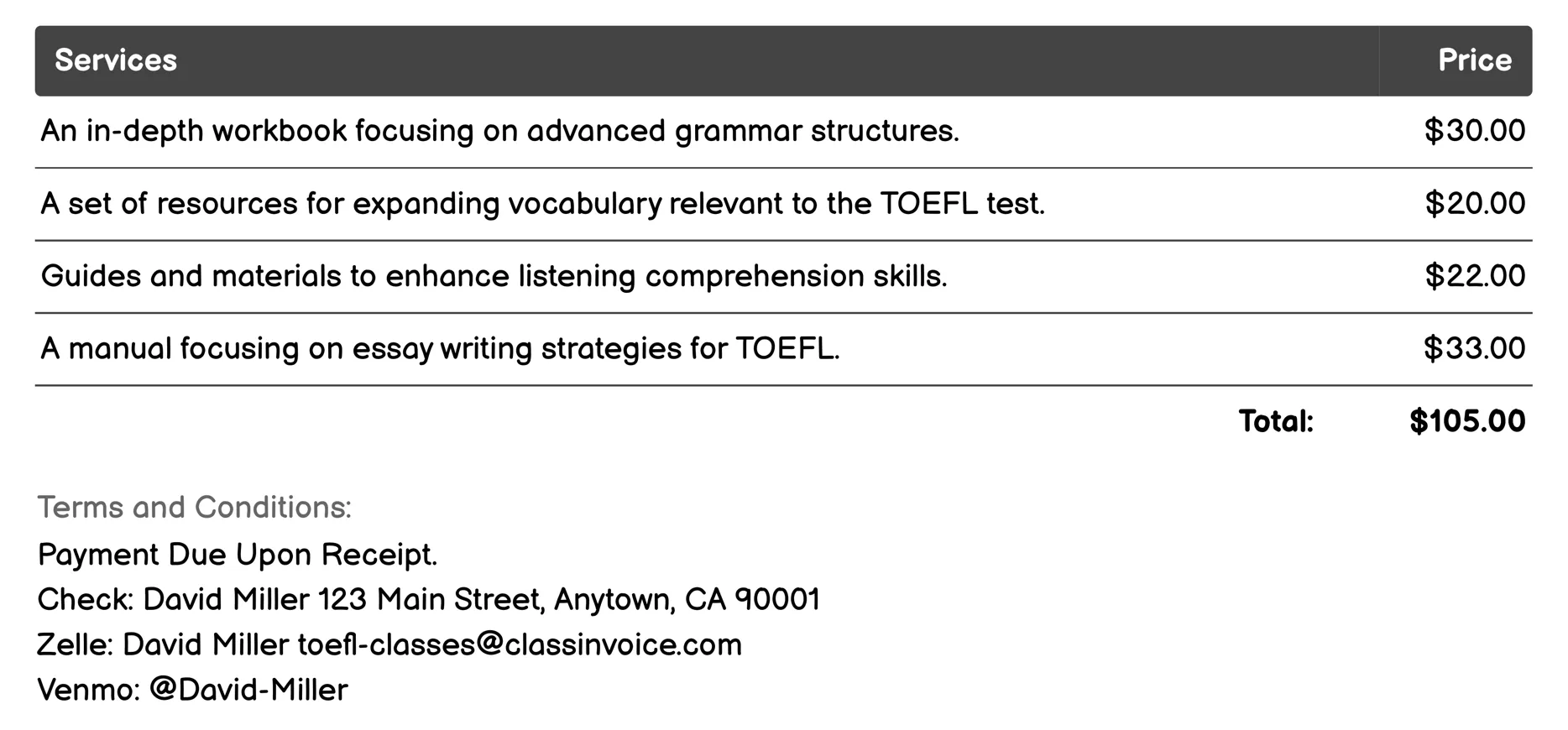 Self-Study Guides and Materials Invoice Example