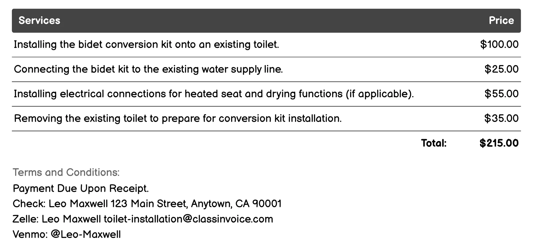 Bidet Toilet Conversion Kit Installation Invoice Example