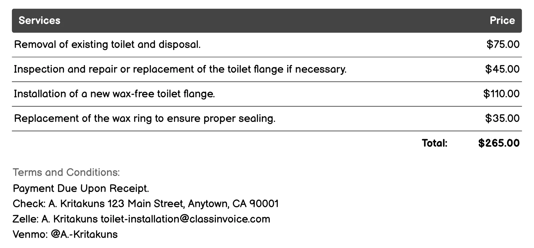 Complete Toilet Installation Invoice Example