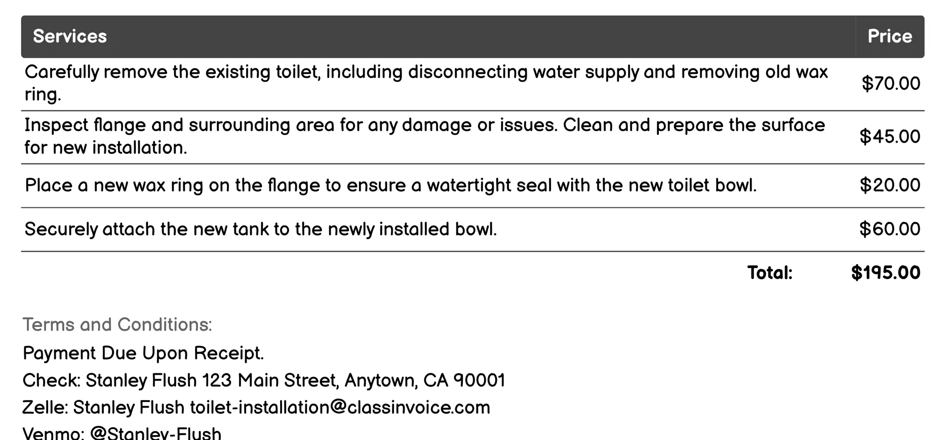 Tank to Bowl Replacement Invoice Example