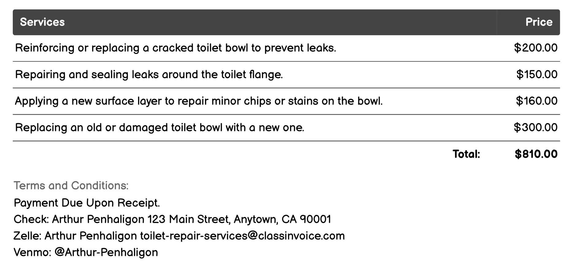 Toilet Bowl Repair Invoice Example