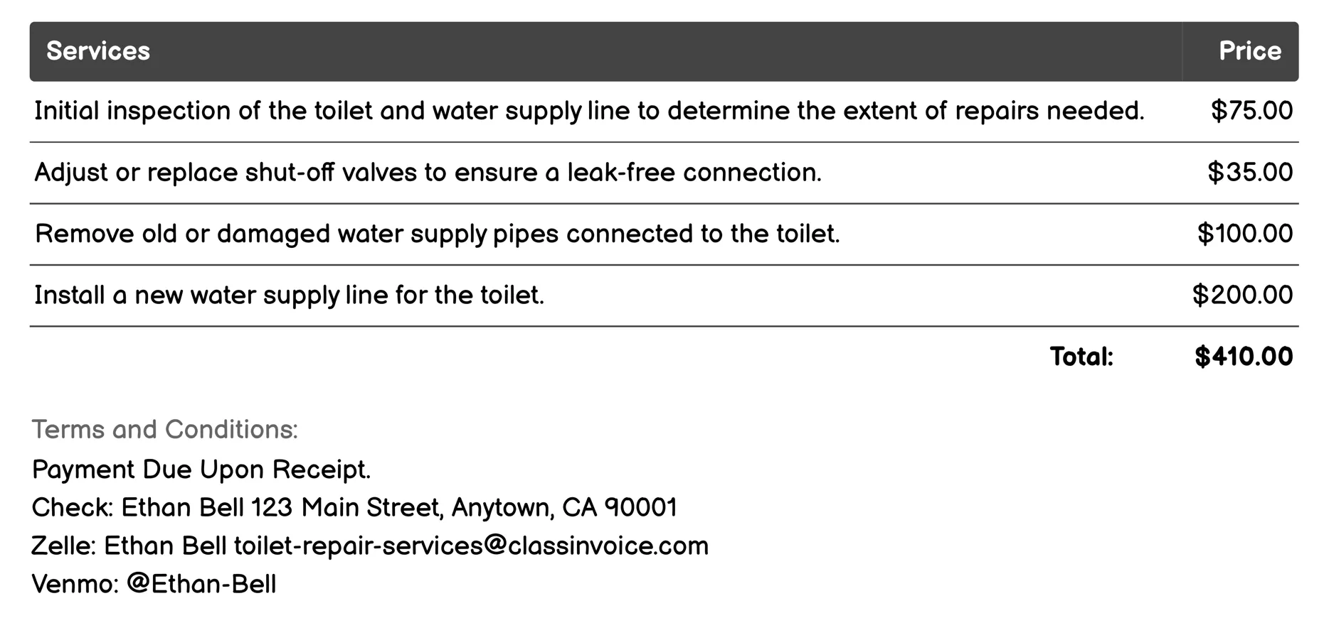Water Supply Line Replacement Invoice Example