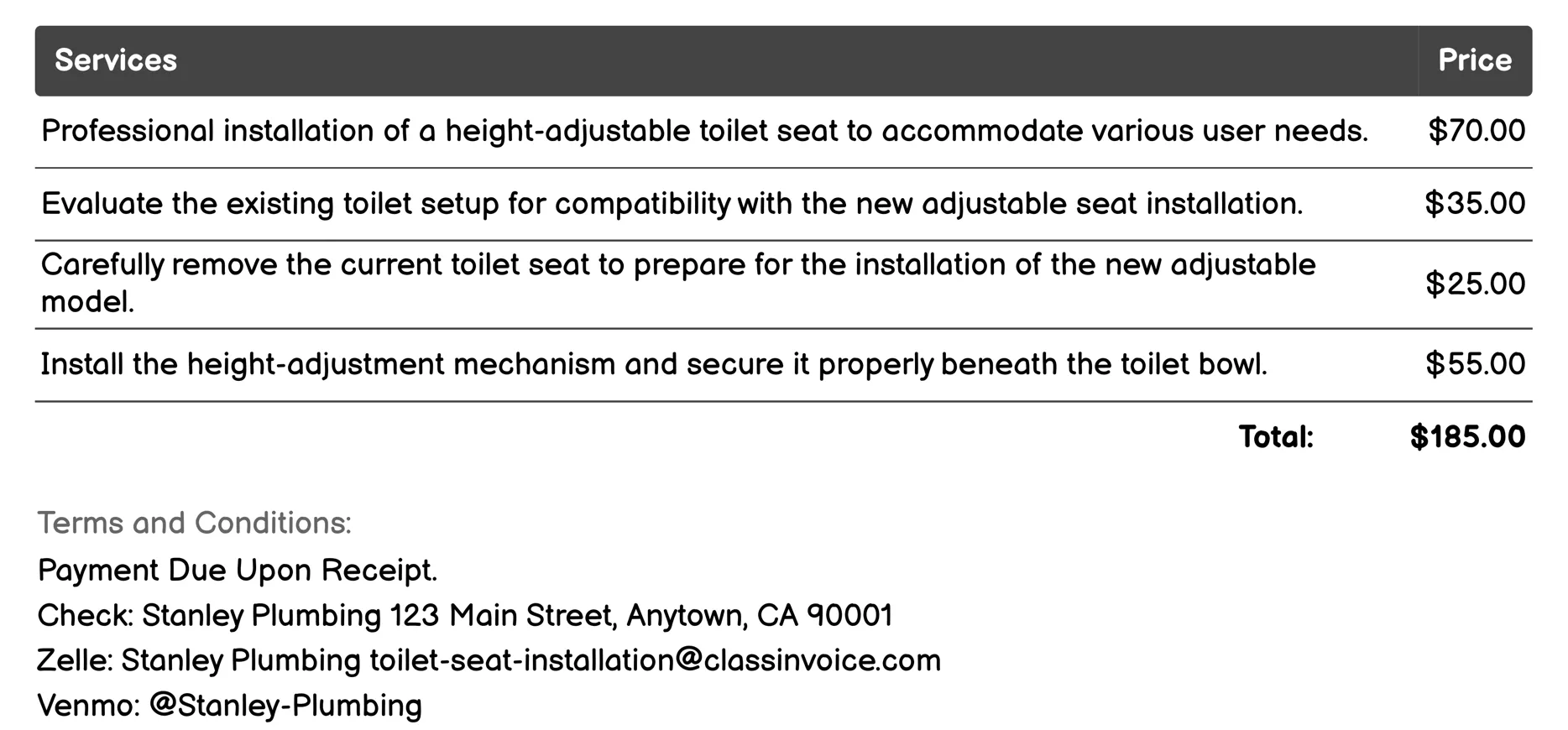 Height Adjustable Toilet Seat Installation Invoice Example