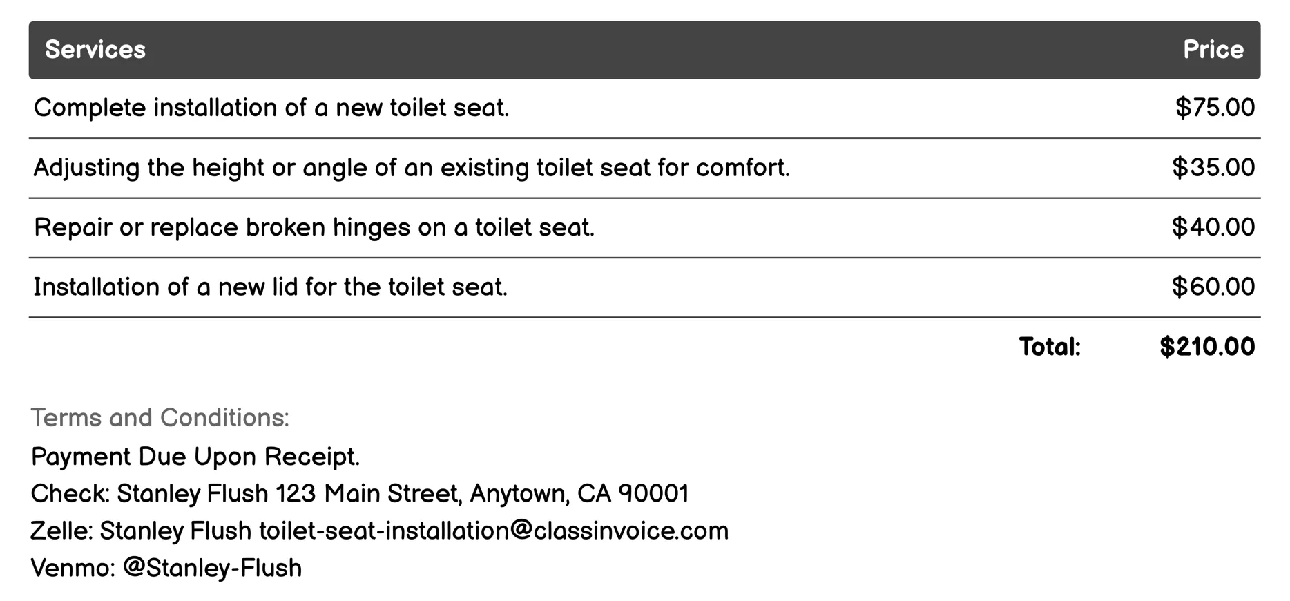 Toilet Seat Repair Service Invoice Example