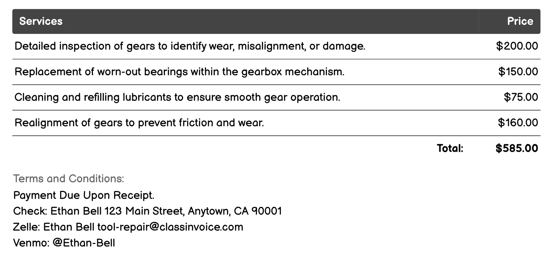 Gearbox Repair Invoice Example