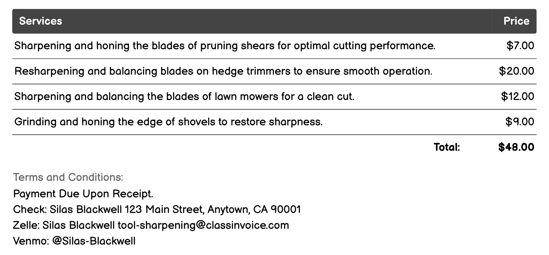 Garden Tool Sharpening Invoice Example