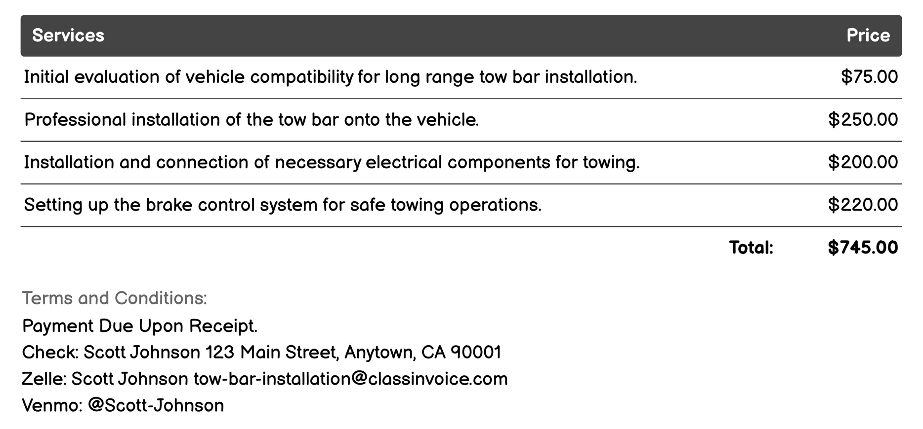 Long Range Tow Bar Installation Invoice Example