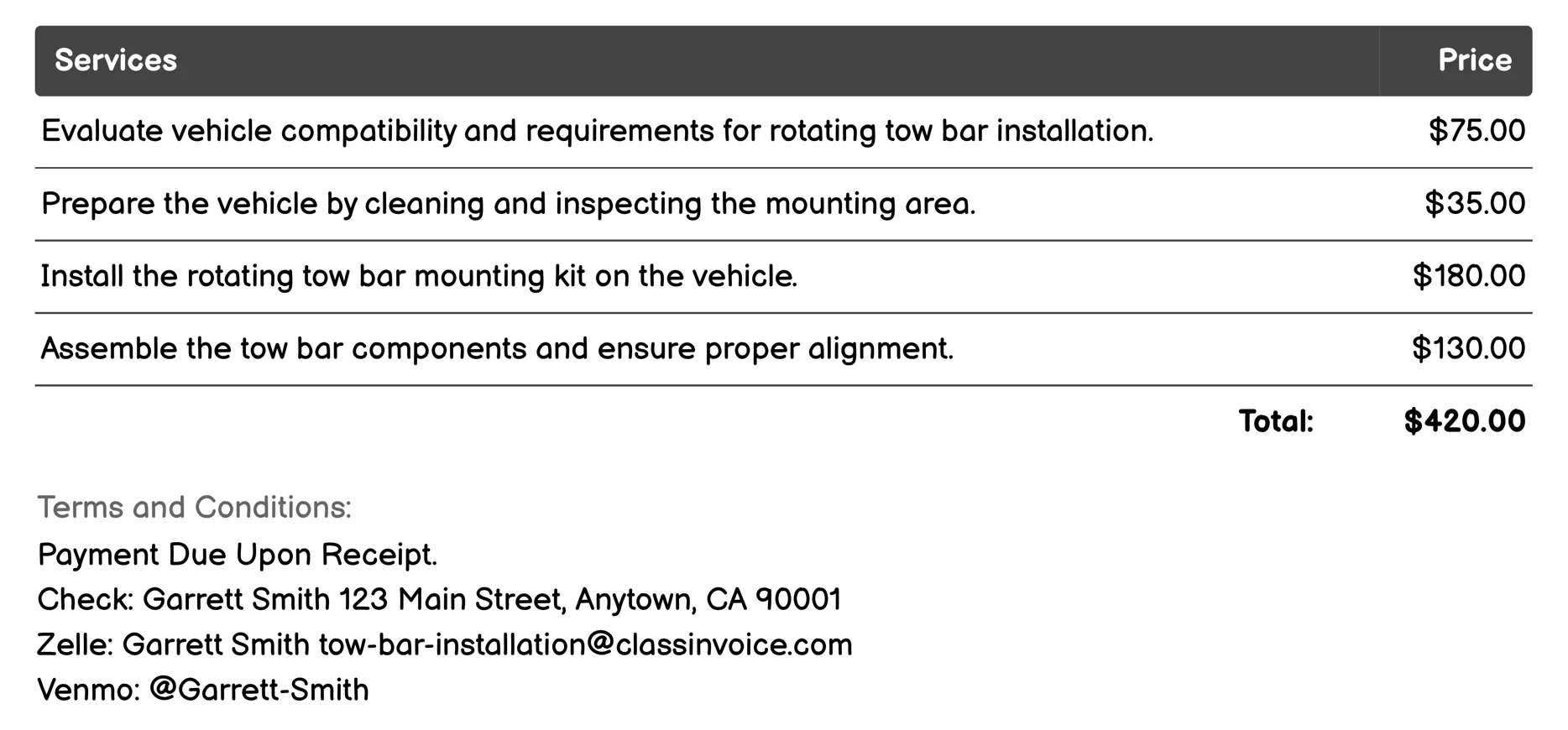 Rotating Tow Bar Installation Invoice Example