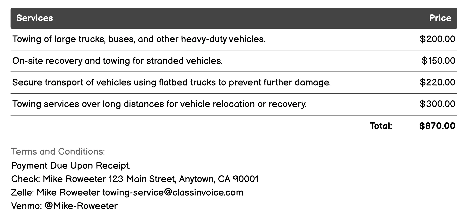 High-Capacity Towing Invoice Example