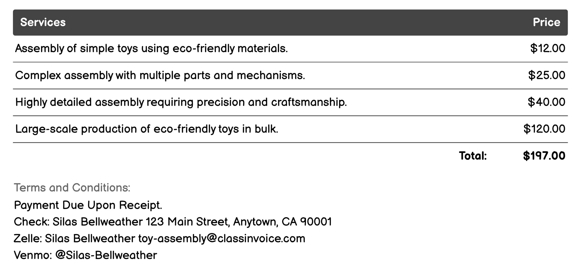 Eco-Friendly Toy Assembly Invoice Example