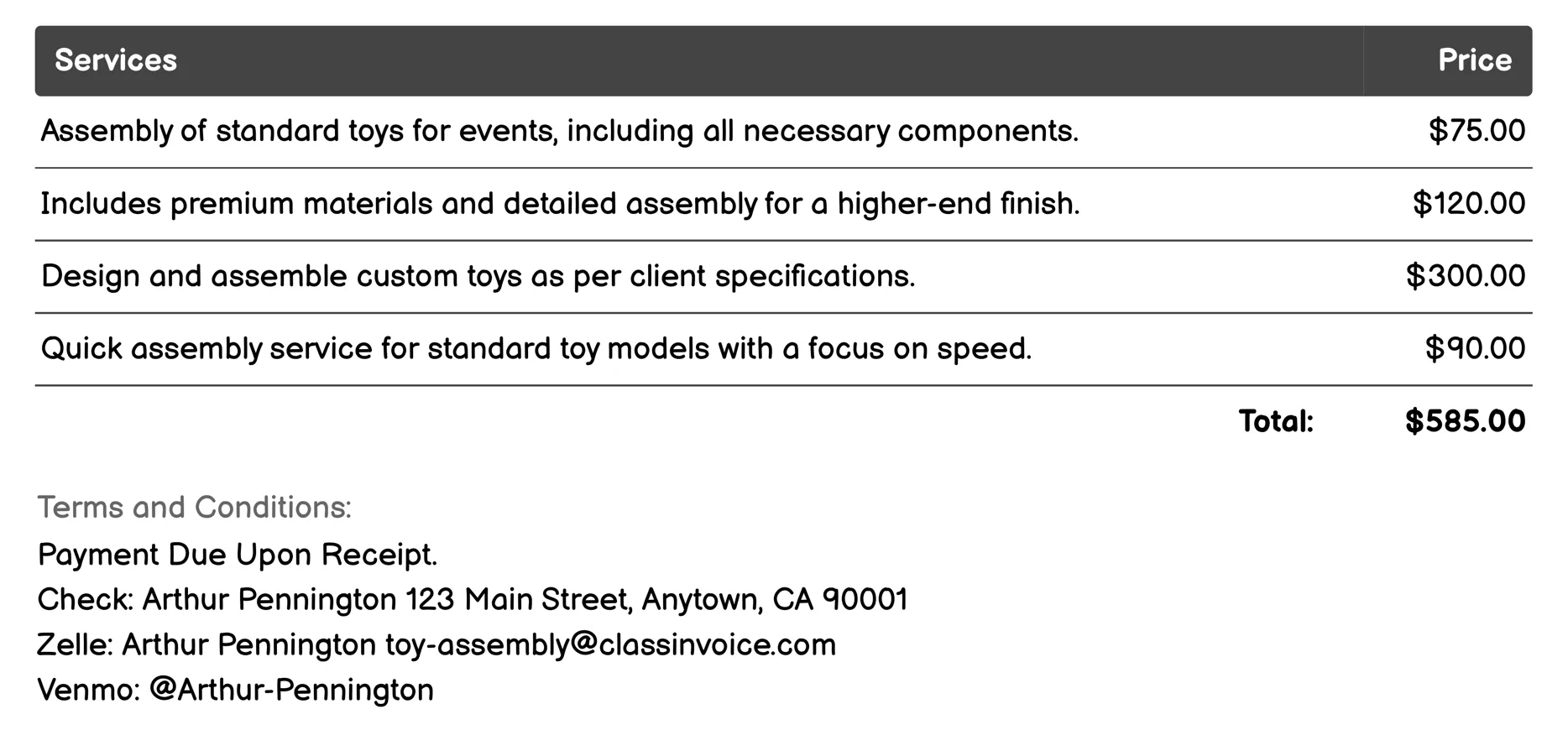 Toy Assembly for Events Invoice Example