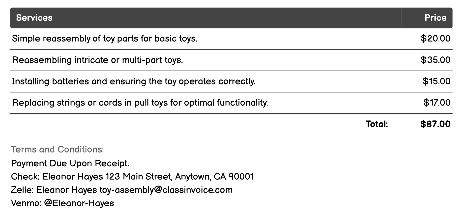 Toy Repair and Reassembly Invoice Example