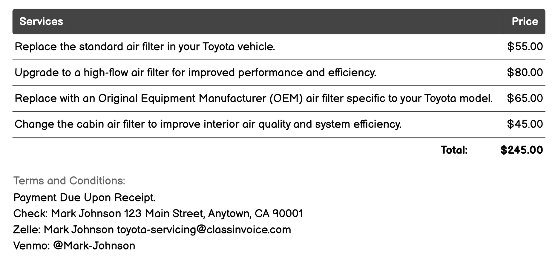 Air Filter Replacement Invoice Example