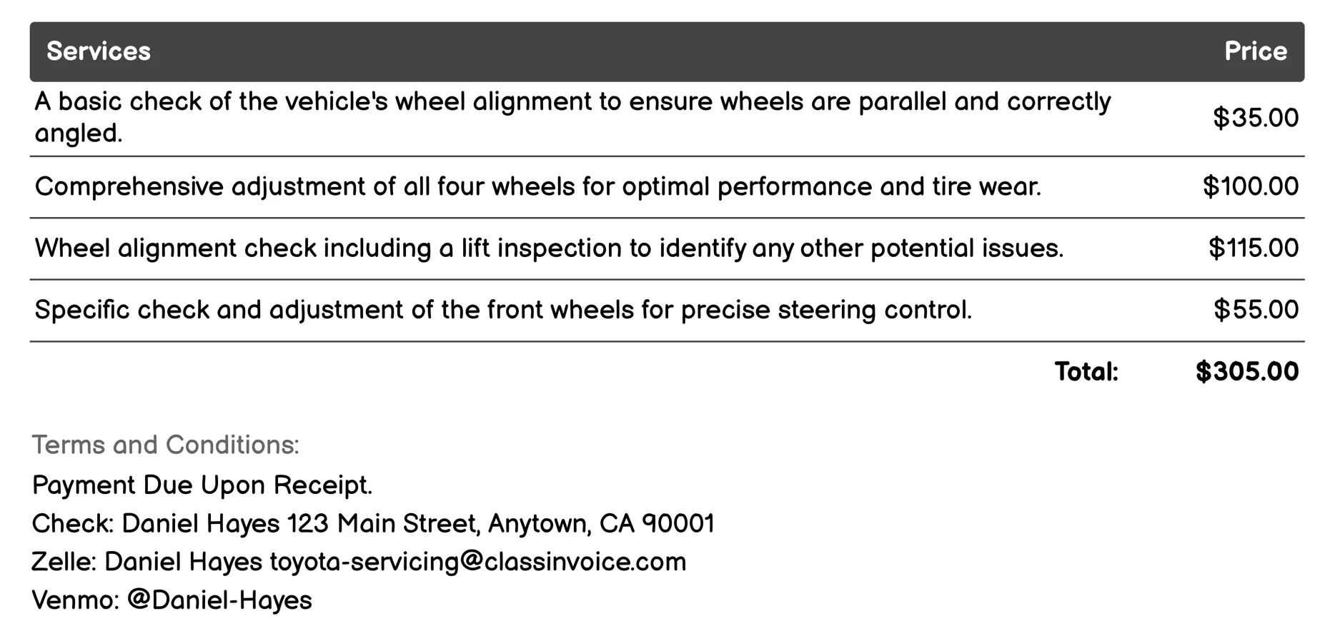Alignment Check Invoice Example