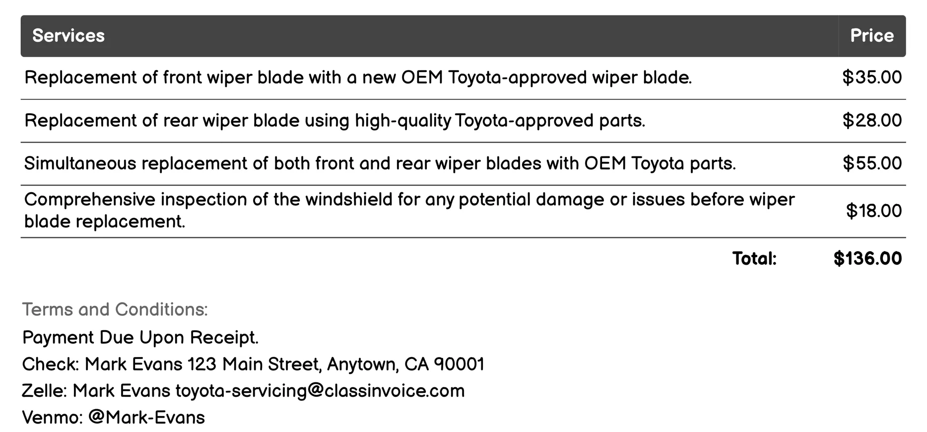 Wiper Blade Replacement Invoice Example