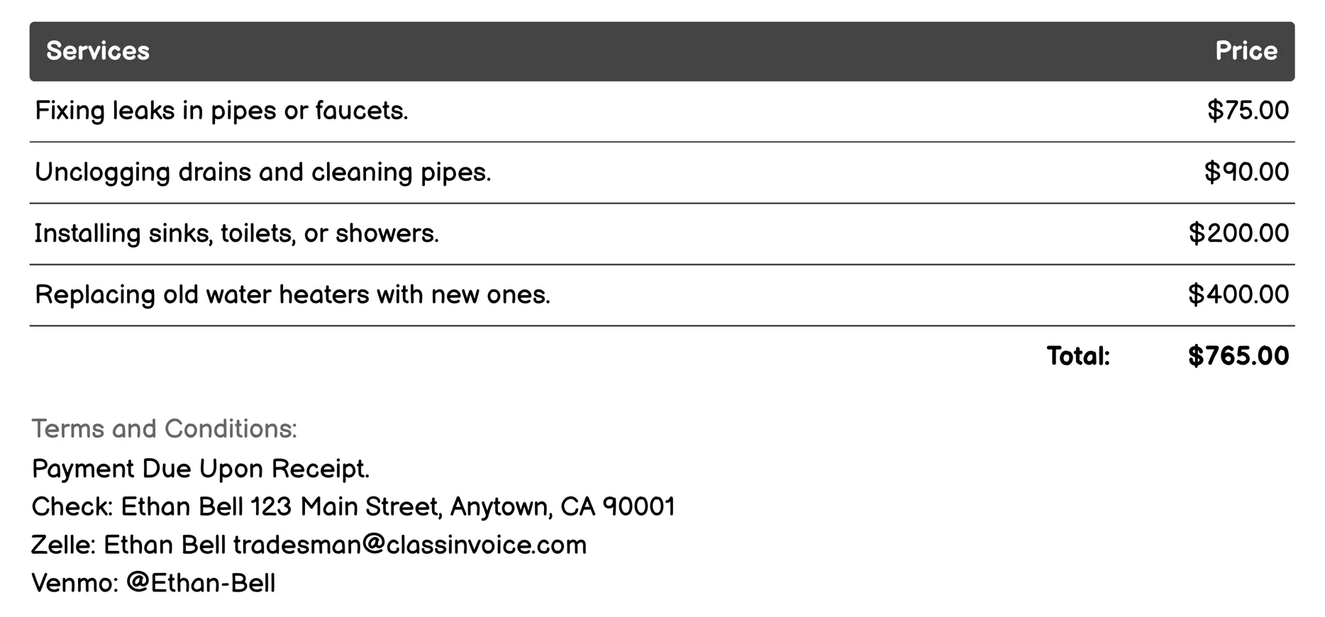 Plumbing Invoice Example