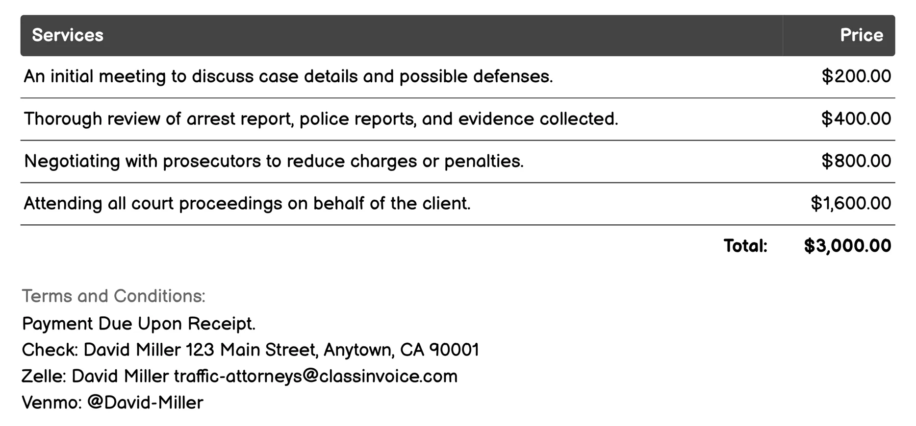 DUI/DWI Representation Invoice Example