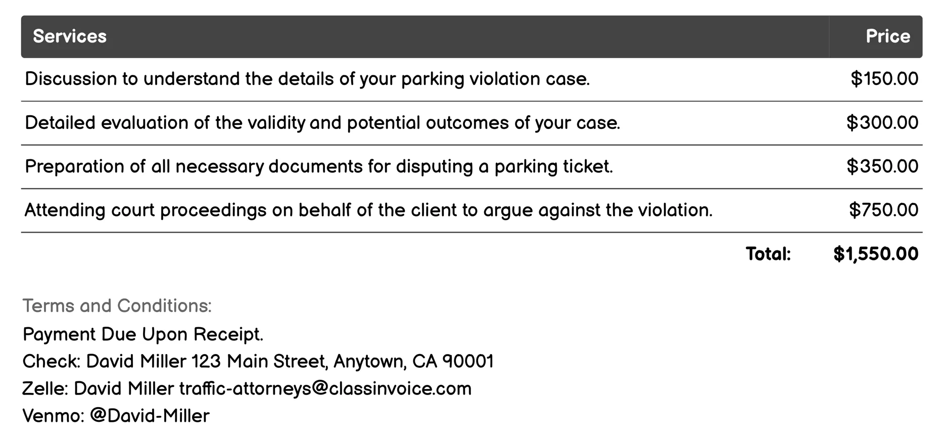 Parking Violation Assistance Invoice Example