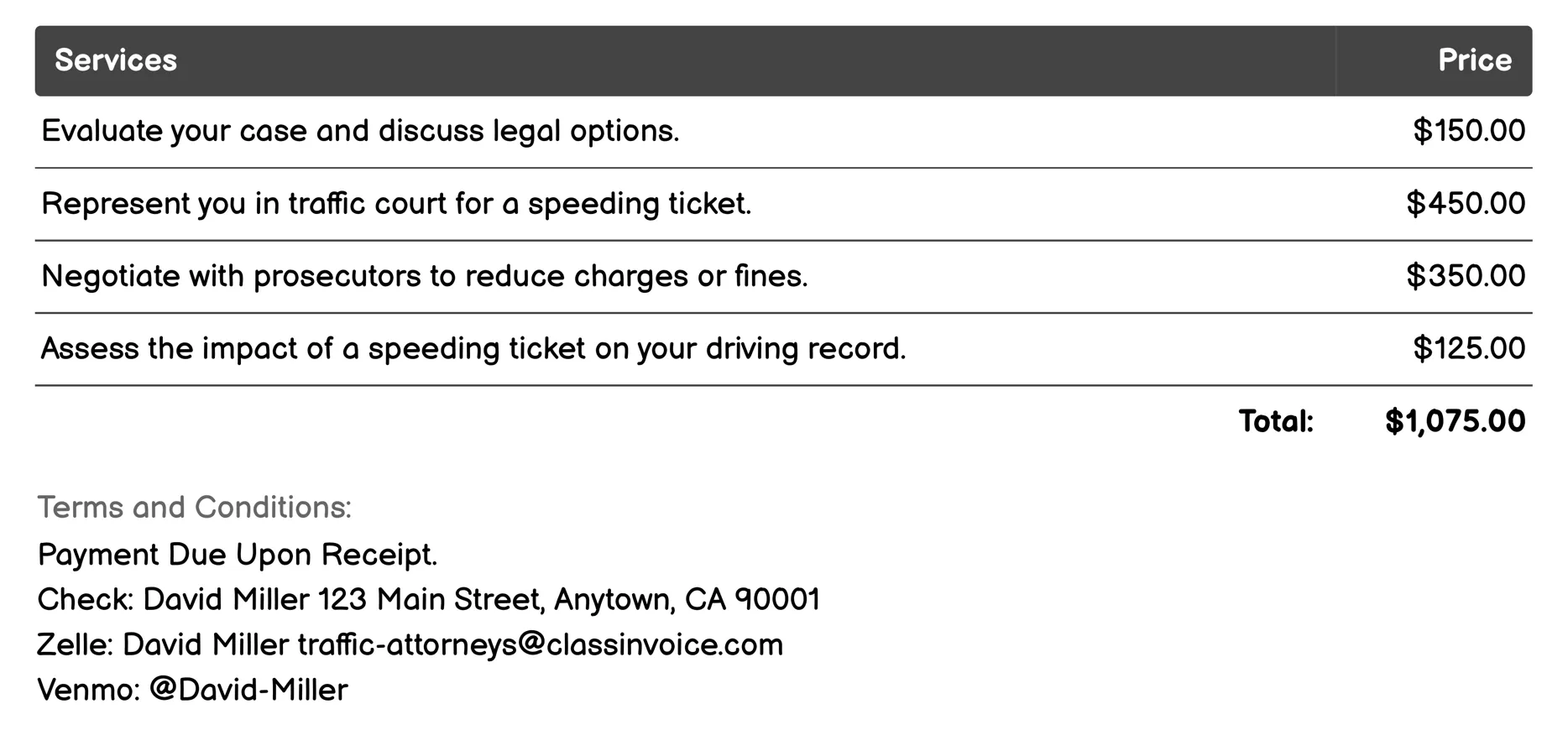 Speeding Ticket Defense Invoice Example