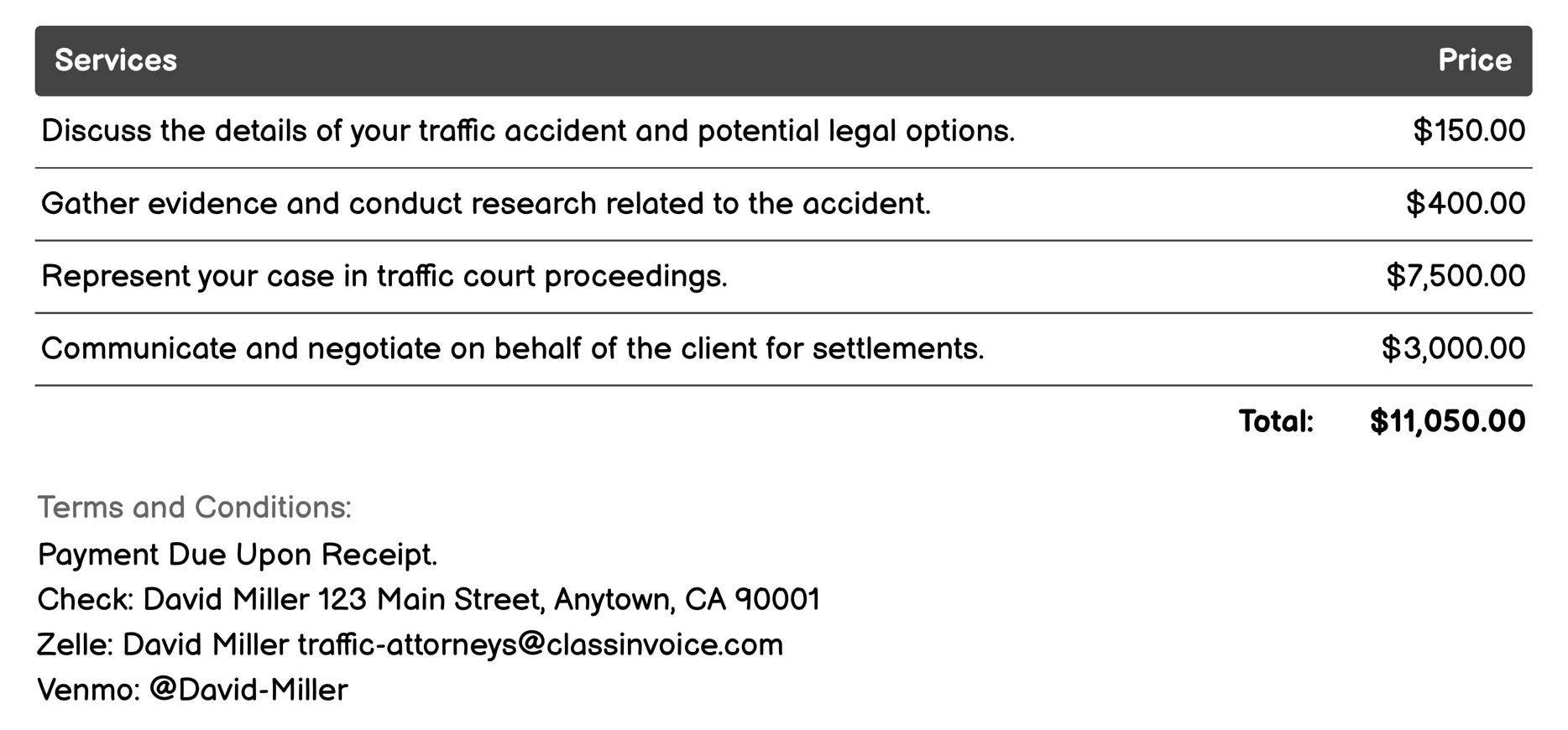 Traffic Accident Representation Invoice Example