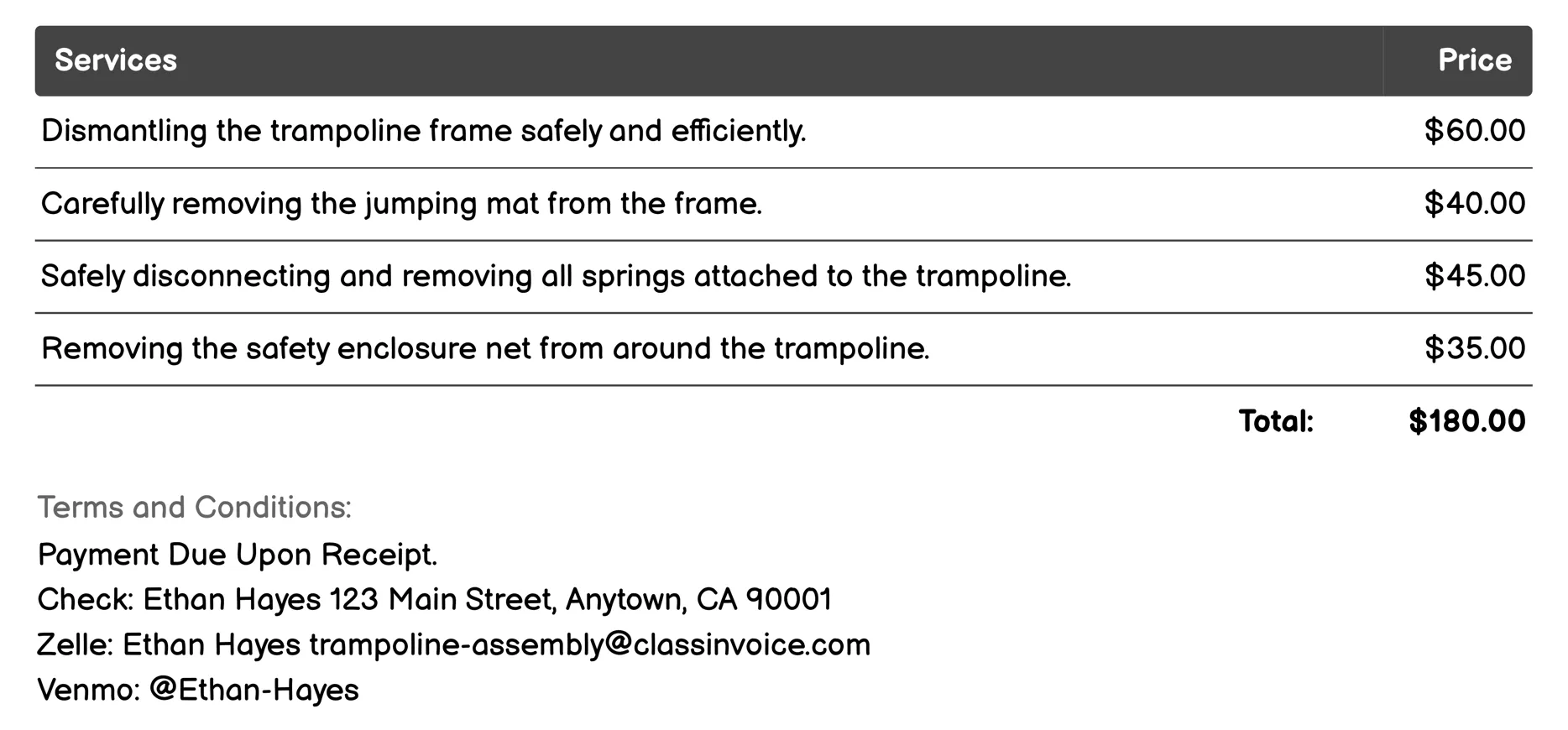 Disassembly Service Invoice Example